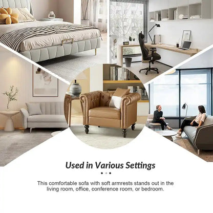 Traditional upholstered armchair with solid wood legs.