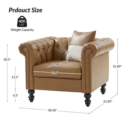 Traditional upholstered armchair with solid wood legs.