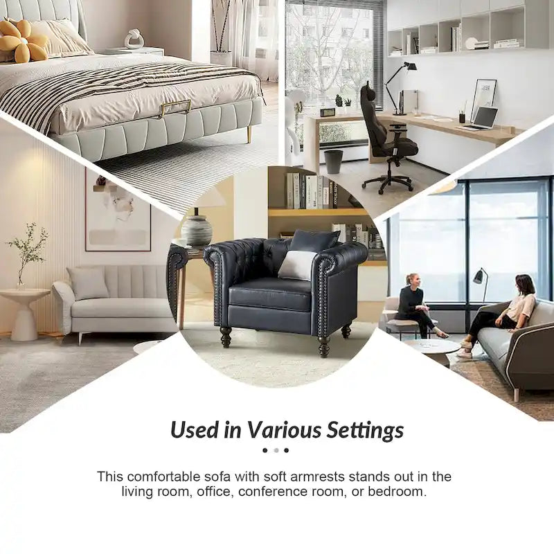 Traditional upholstered armchair with solid wood legs.