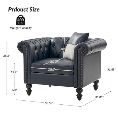 Traditional upholstered armchair with solid wood legs.