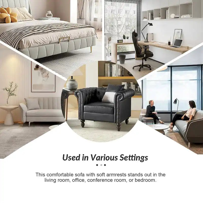 Traditional upholstered armchair with solid wood legs.