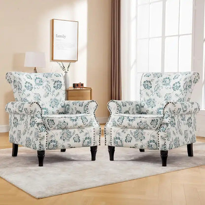 Floral Upholstered Accent Rolled ArmChair With Nailhead Trim Set of 2