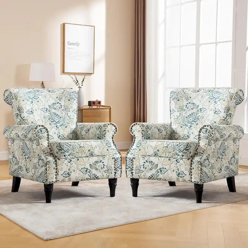 Floral Upholstered Accent Rolled ArmChair With Nailhead Trim Set of 2