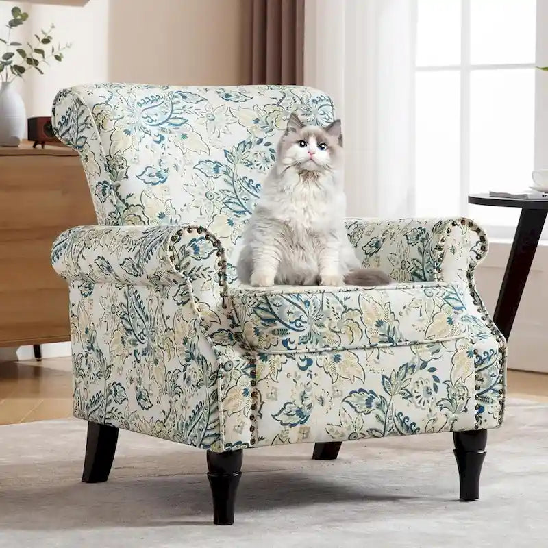 Floral Upholstered Accent Rolled ArmChair With Nailhead Trim Set of 2