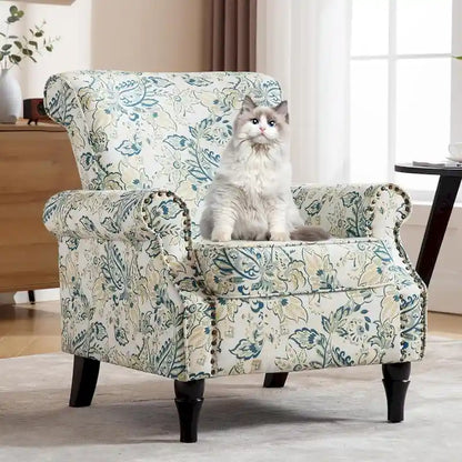 Floral Upholstered Accent Rolled ArmChair With Nailhead Trim Set of 2