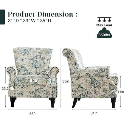 Floral Upholstered Accent Rolled ArmChair With Nailhead Trim Set of 2