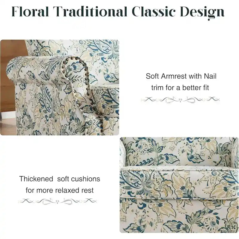 Floral Upholstered Accent Rolled ArmChair With Nailhead Trim Set of 2