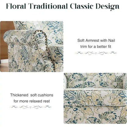 Floral Upholstered Accent Rolled ArmChair With Nailhead Trim Set of 2