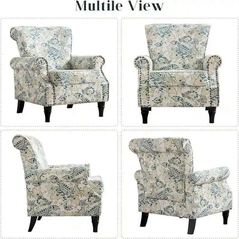 Floral Upholstered Accent Rolled ArmChair With Nailhead Trim Set of 2