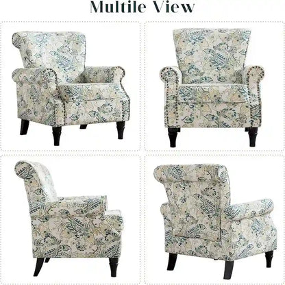 Floral Upholstered Accent Rolled ArmChair With Nailhead Trim Set of 2