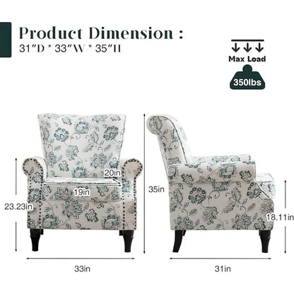 Floral Upholstered Accent Rolled ArmChair With Nailhead Trim Set of 2