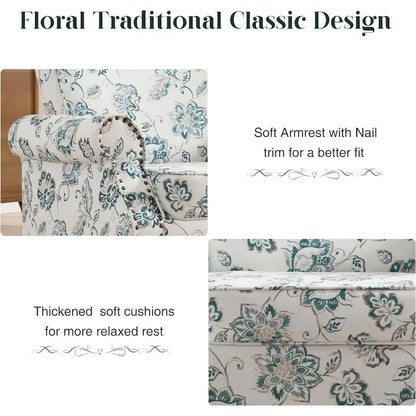 Floral Upholstered Accent Rolled ArmChair With Nailhead Trim Set of 2