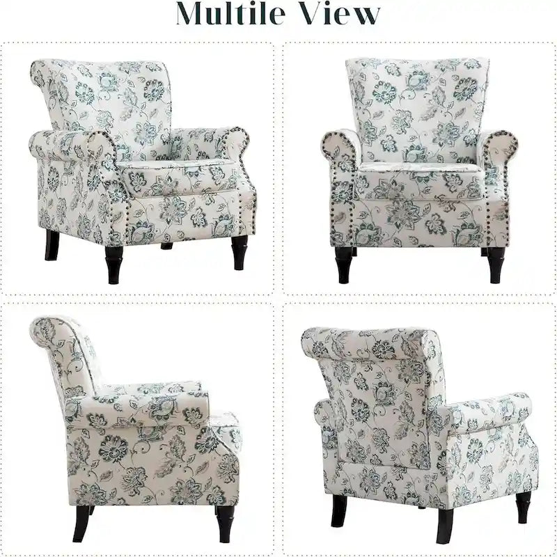 Floral Upholstered Accent Rolled ArmChair With Nailhead Trim Set of 2