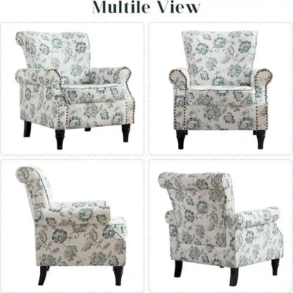 Floral Upholstered Accent Rolled ArmChair With Nailhead Trim Set of 2