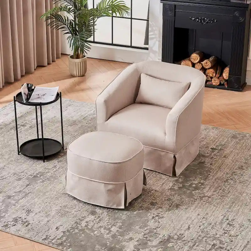 Swivel Round Barrel Accent Chair With Ottoman,Armchair Reading for Living Room for Bedroom Comfy with Black Metal Base