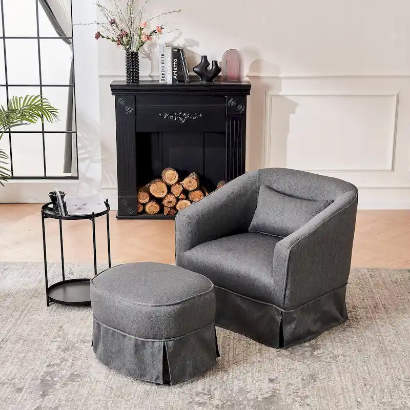 Swivel Round Barrel Accent Chair With Ottoman,Armchair Reading for Living Room for Bedroom Comfy with Black Metal Base