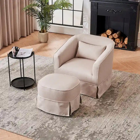Swivel Round Barrel Accent Chair With Ottoman,Armchair Reading for Living Room for Bedroom Comfy with Black Metal Base