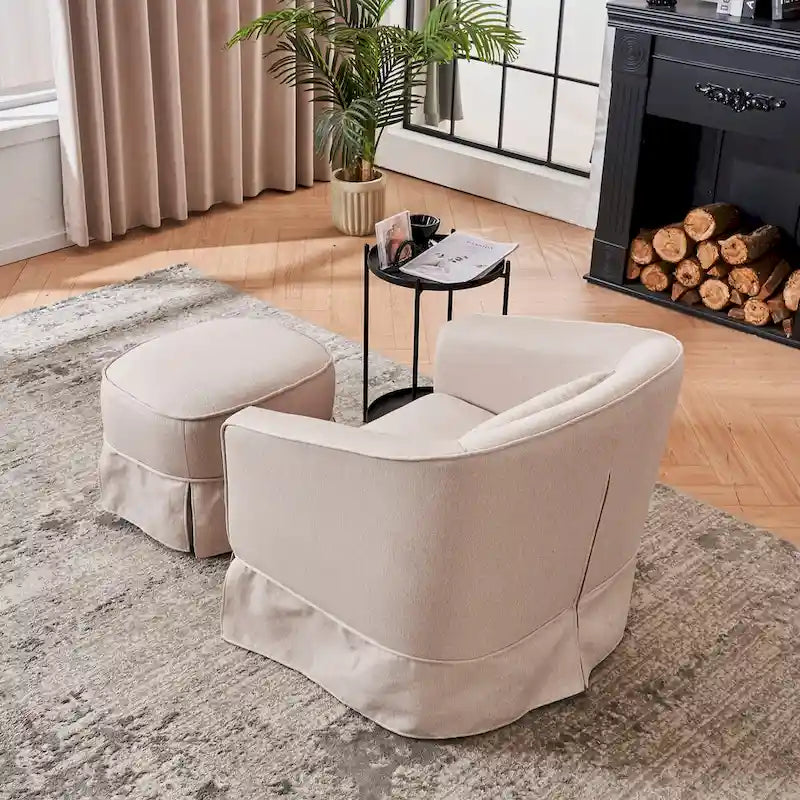 Swivel Round Barrel Accent Chair With Ottoman,Armchair Reading for Living Room for Bedroom Comfy with Black Metal Base