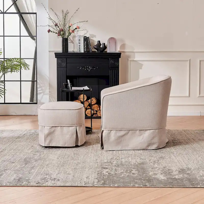 Swivel Round Barrel Accent Chair With Ottoman,Armchair Reading for Living Room for Bedroom Comfy with Black Metal Base