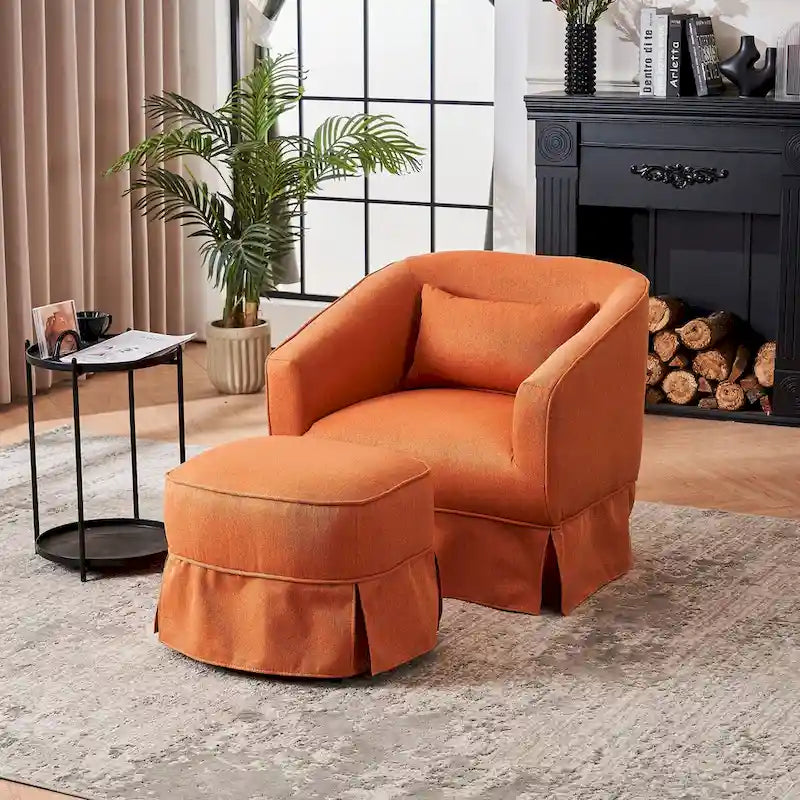 Swivel Round Barrel Accent Chair With Ottoman,Armchair Reading for Living Room for Bedroom Comfy with Black Metal Base