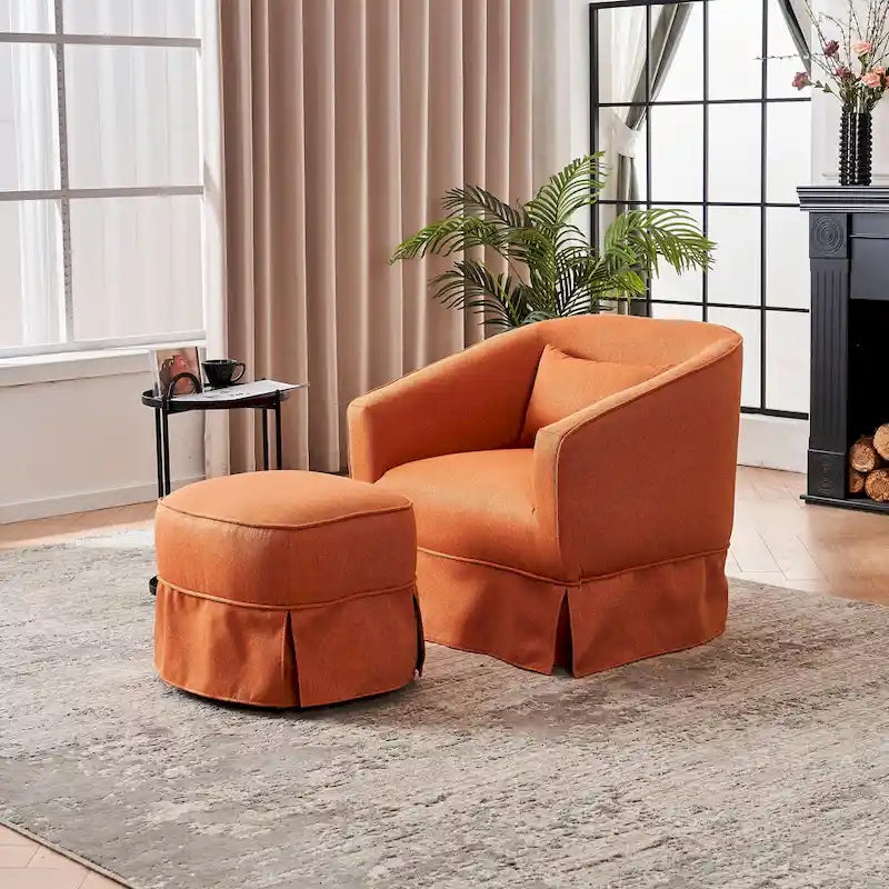 Swivel Round Barrel Accent Chair With Ottoman,Armchair Reading for Living Room for Bedroom Comfy with Black Metal Base