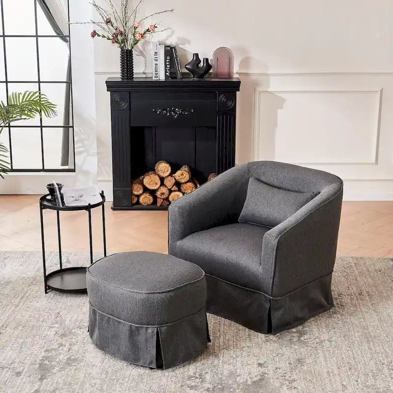 Swivel Round Barrel Accent Chair With Ottoman,Armchair Reading for Living Room for Bedroom Comfy with Black Metal Base