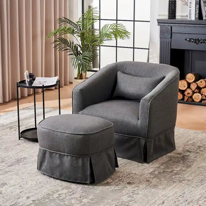 Swivel Round Barrel Accent Chair With Ottoman,Armchair Reading for Living Room for Bedroom Comfy with Black Metal Base