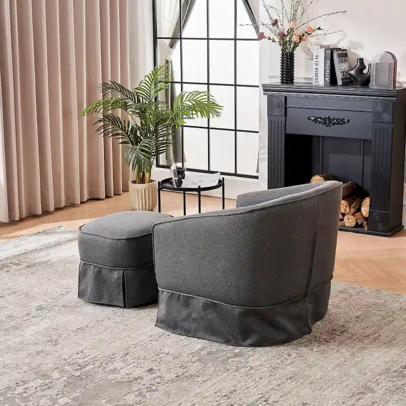 Swivel Round Barrel Accent Chair With Ottoman,Armchair Reading for Living Room for Bedroom Comfy with Black Metal Base