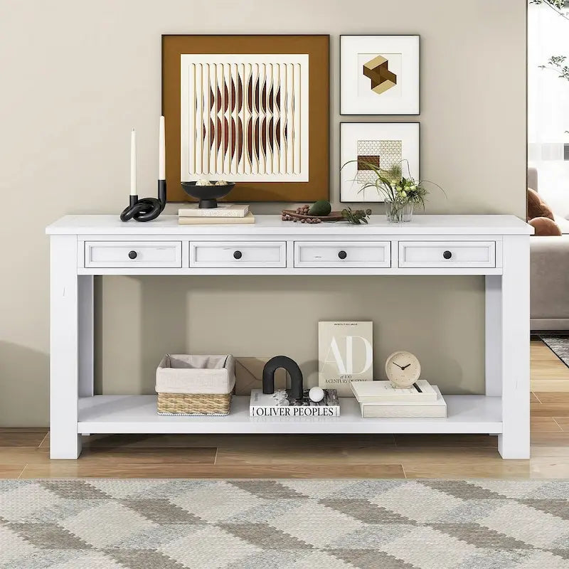 Vintage Style 4-Drawer 1-Shelf Console Table, Classic Entrance Display Table Entryway Table, Storage Sofa Table