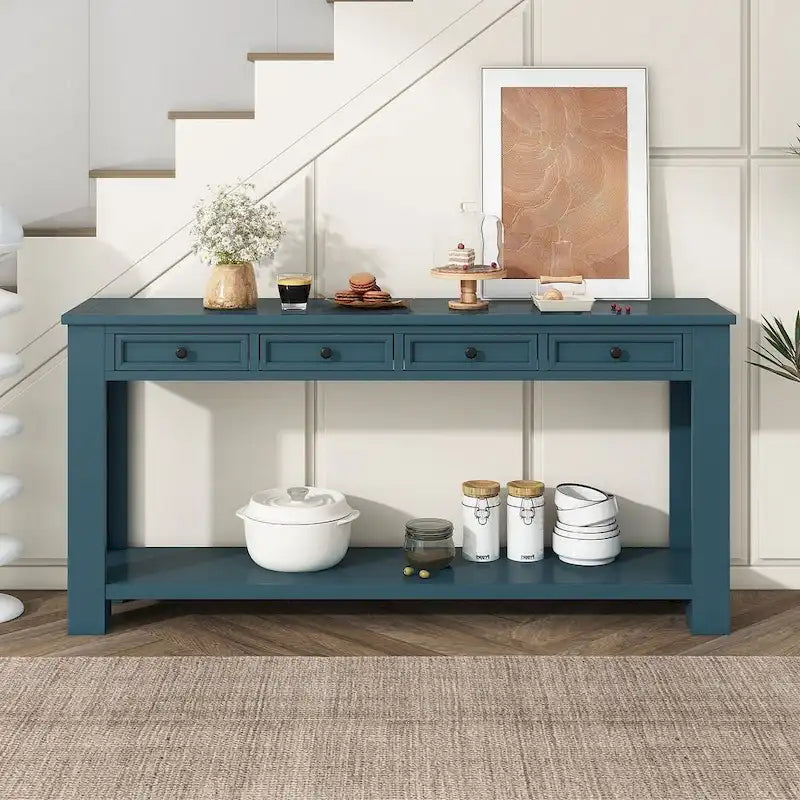 Vintage Style 4-Drawer 1-Shelf Console Table, Classic Entrance Display Table Entryway Table, Storage Sofa Table