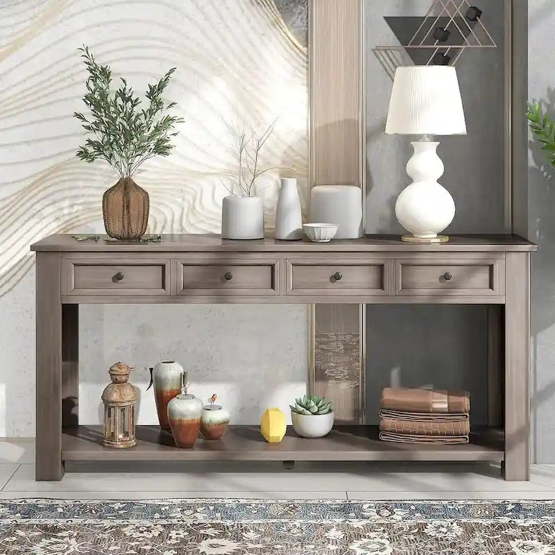 Vintage Style 4-Drawer 1-Shelf Console Table, Classic Entrance Display Table Entryway Table, Storage Sofa Table