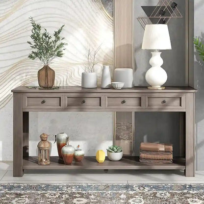 Vintage Style 4-Drawer 1-Shelf Console Table, Classic Entrance Display Table Entryway Table, Storage Sofa Table