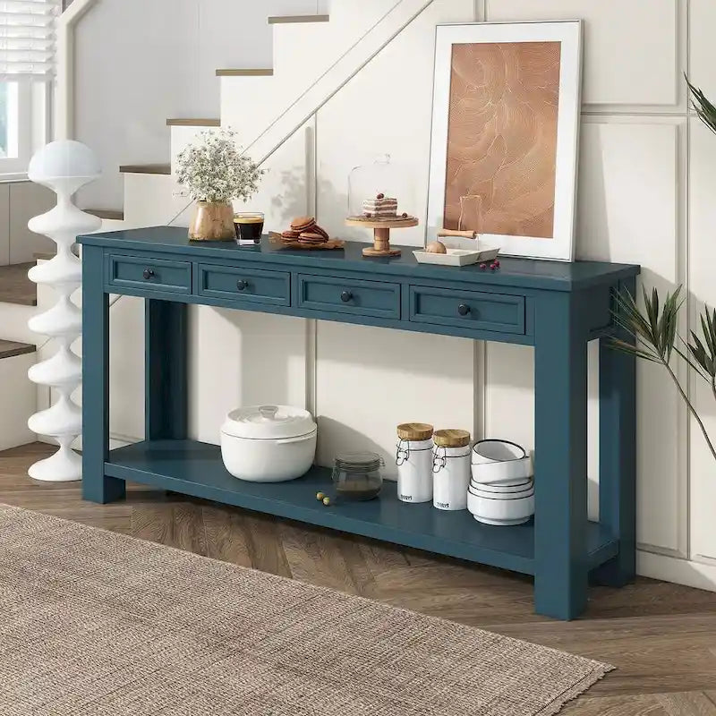 Vintage Style 4-Drawer 1-Shelf Console Table, Classic Entrance Display Table Entryway Table, Storage Sofa Table