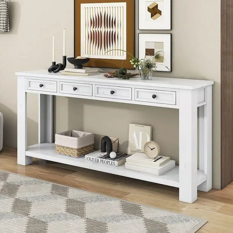 Vintage Style 4-Drawer 1-Shelf Console Table, Classic Entrance Display Table Entryway Table, Storage Sofa Table