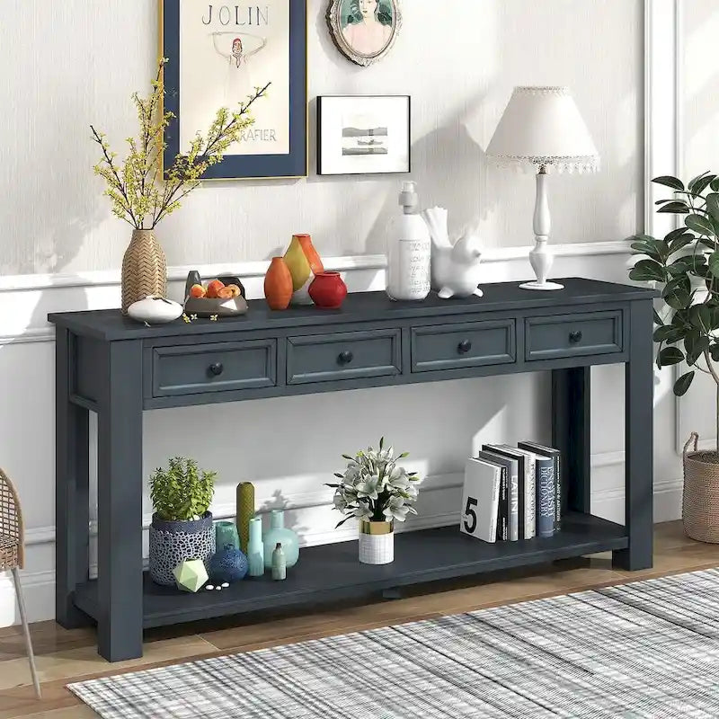 Vintage Style 4-Drawer 1-Shelf Console Table, Classic Entrance Display Table Entryway Table, Storage Sofa Table
