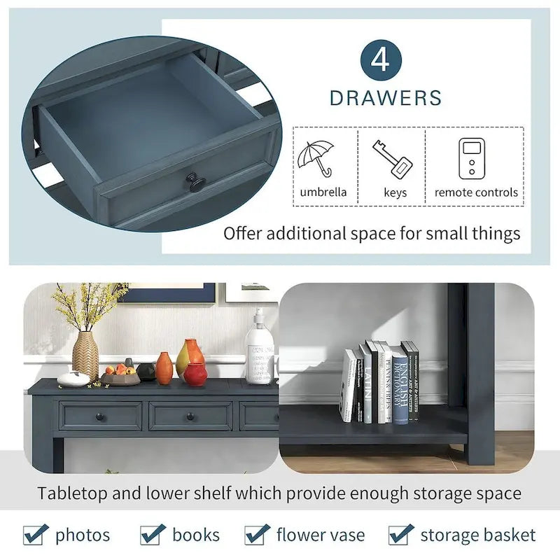 Vintage Style 4-Drawer 1-Shelf Console Table, Classic Entrance Display Table Entryway Table, Storage Sofa Table