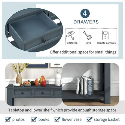 Vintage Style 4-Drawer 1-Shelf Console Table, Classic Entrance Display Table Entryway Table, Storage Sofa Table