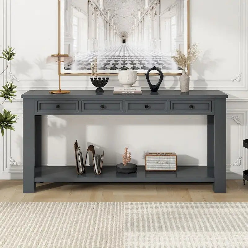 Vintage Style 4-Drawer 1-Shelf Console Table, Classic Entrance Display Table Entryway Table, Storage Sofa Table