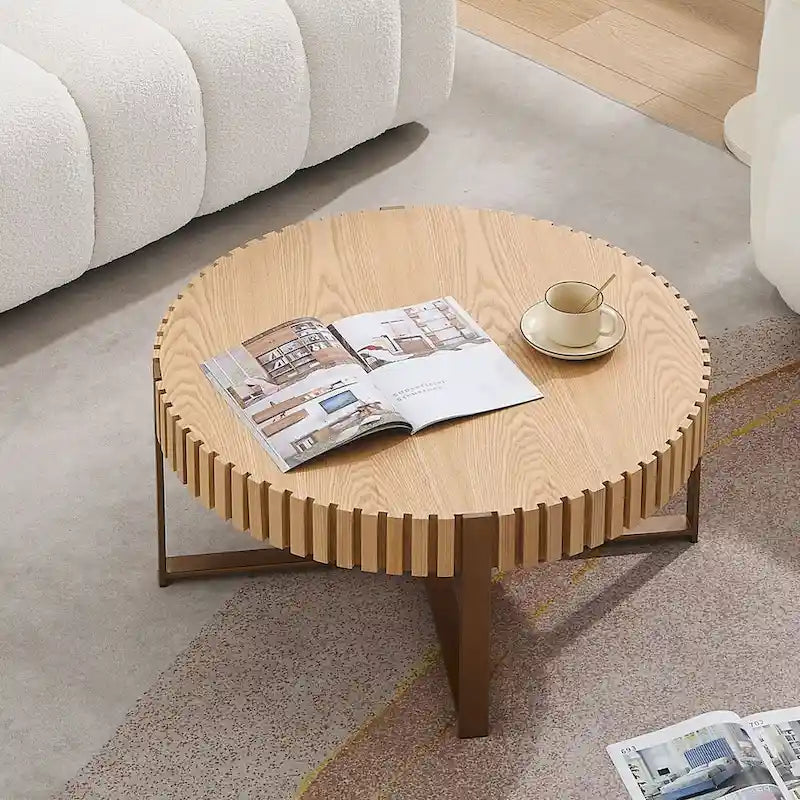 Modern Handcraft Drum Coffee Table 31.5 inch Round Coffee Table for Living Room,Small Coffee Table with Sturdy Pedestal