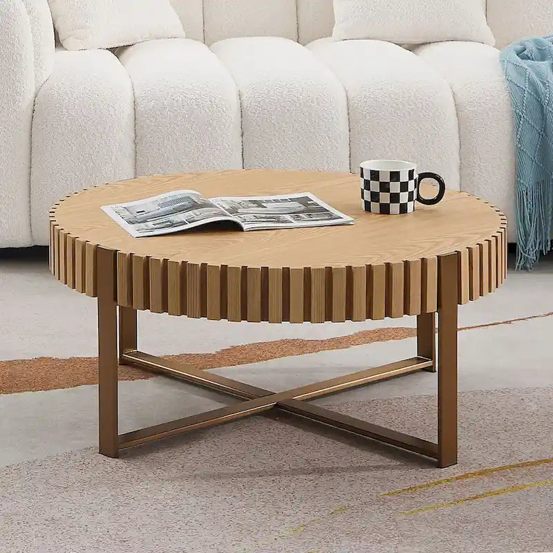 Modern Handcraft Drum Coffee Table 31.5 inch Round Coffee Table for Living Room,Small Coffee Table with Sturdy Pedestal
