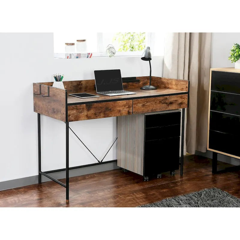 Home Office Computer Laptop Desk with Drawers, Modern Wooden Compact Study Writing Desk with Privacy Panel and Storage