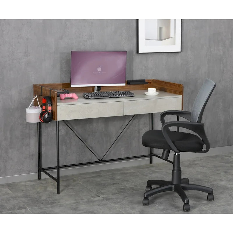 Home Office Computer Laptop Desk with Drawers, Modern Wooden Compact Study Writing Desk with Privacy Panel and Storage