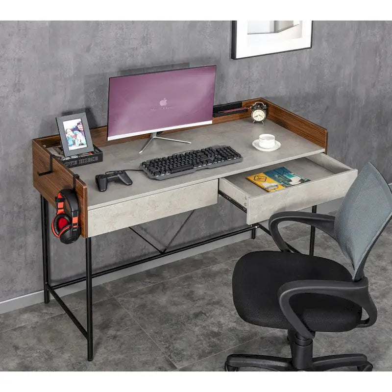 Home Office Computer Laptop Desk with Drawers, Modern Wooden Compact Study Writing Desk with Privacy Panel and Storage