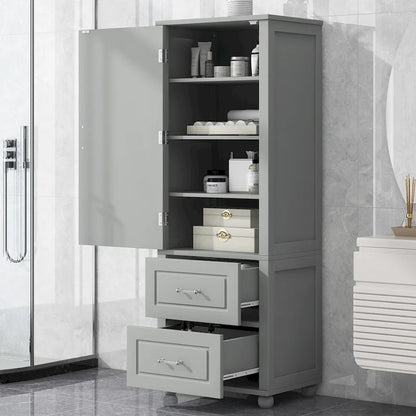Tall Bathroom Storage Cabinet, Freestanding Storage Cabinet with Two Drawers and Adjustable Shelf, MDF Board with Painted Finish