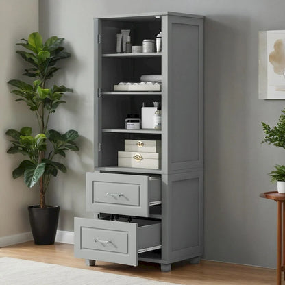 Tall Bathroom Storage Cabinet, Freestanding Storage Cabinet with Two Drawers and Adjustable Shelf, MDF Board with Painted Finish