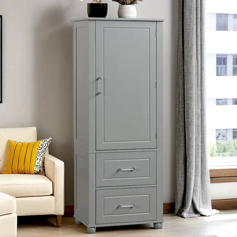 Tall Bathroom Storage Cabinet, Freestanding Storage Cabinet with Two Drawers and Adjustable Shelf, MDF Board with Painted Finish
