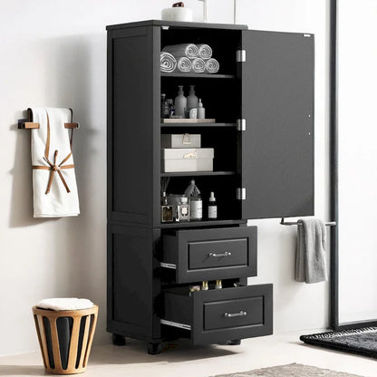 Tall Bathroom Storage Cabinet, Freestanding Storage Cabinet with Two Drawers and Adjustable Shelf, MDF Board with Painted Finish