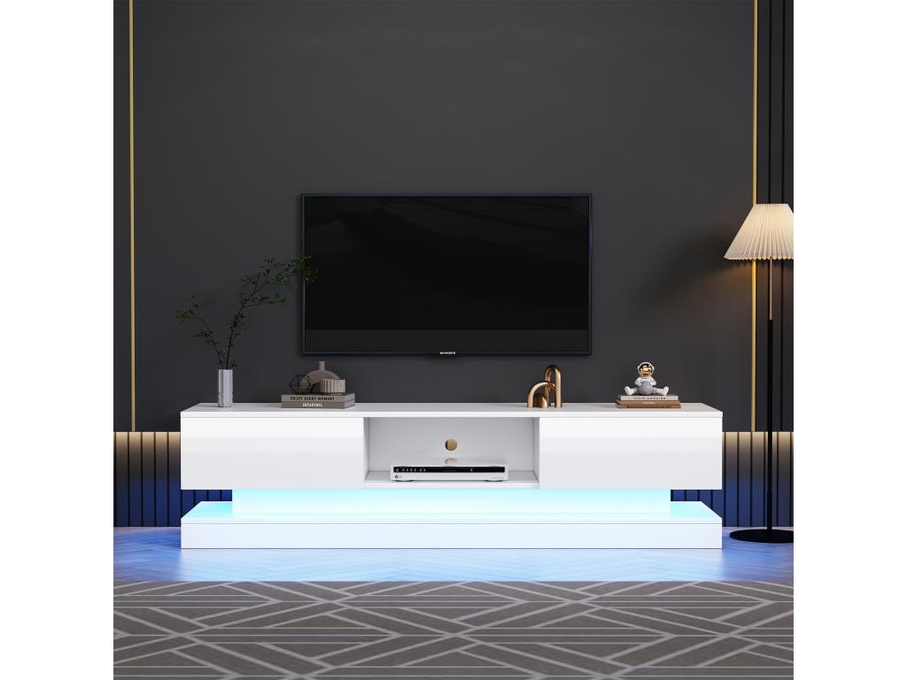 Meuble TV avec 2 tiroirs et compartiment ouvert - 160x35x40.5 cm - LEDs - Panneau de particules - Blanc brillant IMWW95036