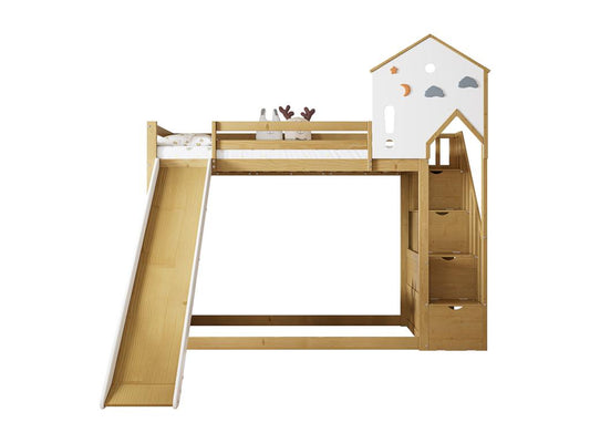 Lit enfant superposé 90x200 cm lit simple avec escalier d'angle toit et fenêtre 3 casiers sur l'escalier blanc couleurs naturelles LVUA79605