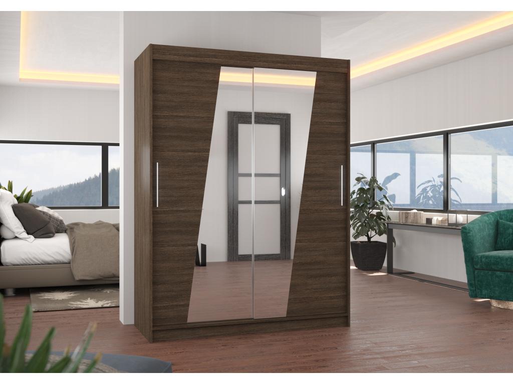 Armoire de chambre 2 portes coulissantes bois marron et miroirs en diagonale Lumenao 150cm MNIY64777